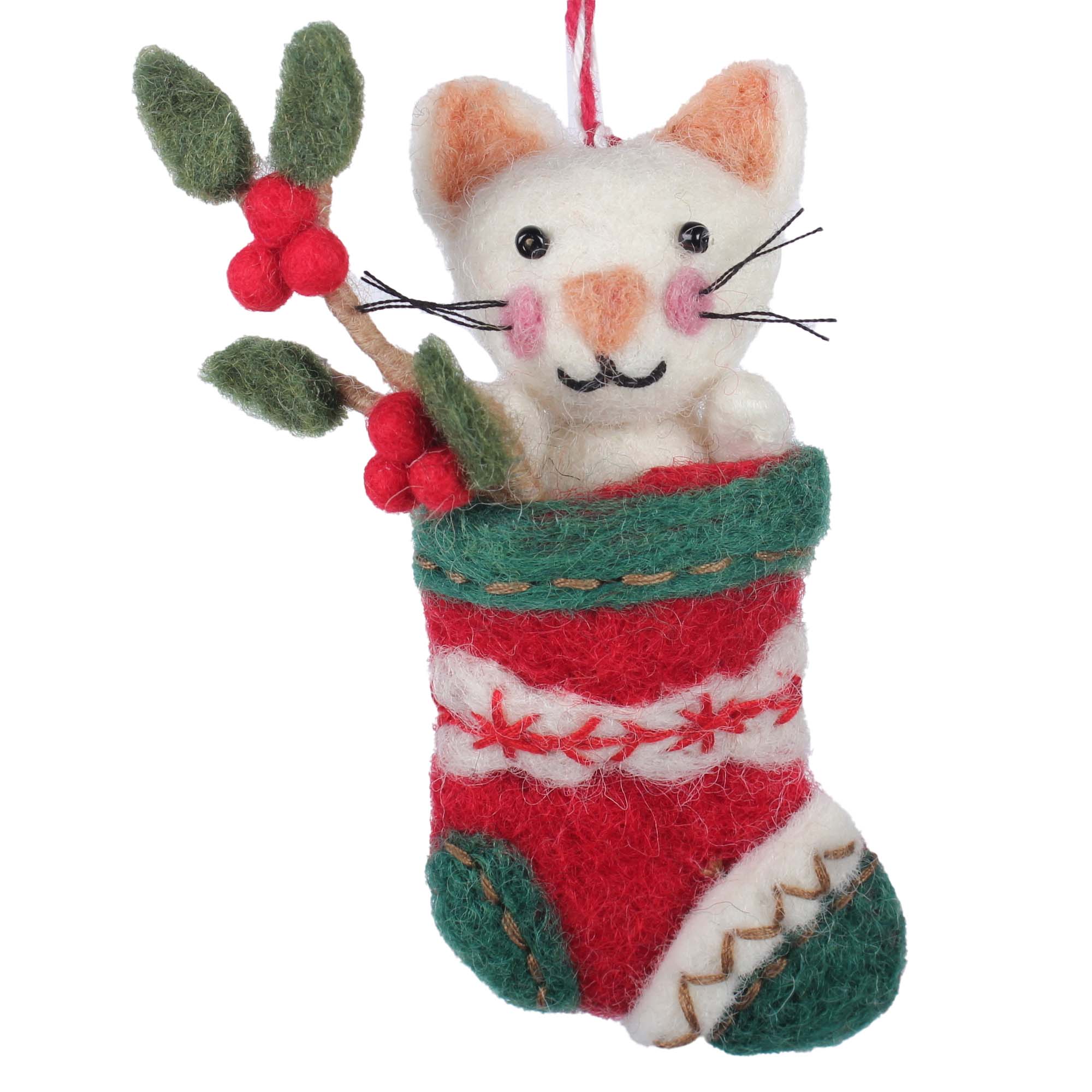 White Kitty in Stocking Felt Ornament