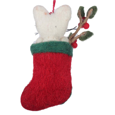 White Kitty in Stocking Felt Ornament