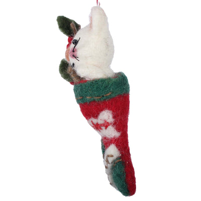 White Kitty in Stocking Felt Ornament