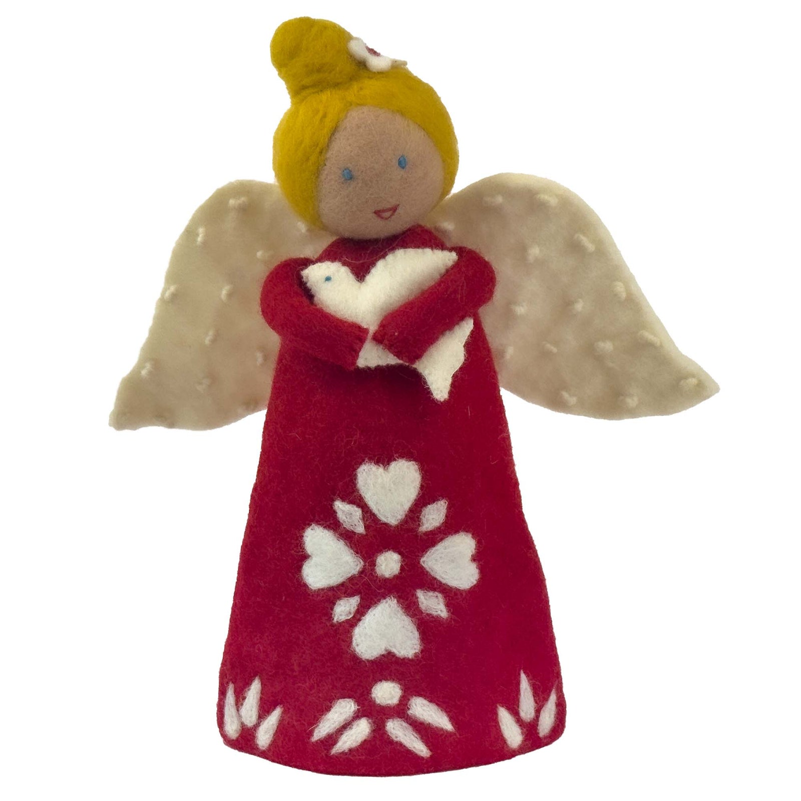 Blonde Angel Holding Dove, Tree Topper or Tabletop Décor  - 10 inch Tall