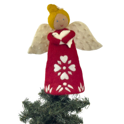 Blonde Angel Holding Dove, Tree Topper or Tabletop Décor  - 10 inch Tall