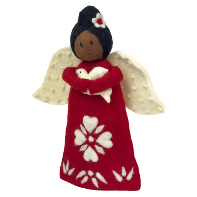 Dark Skin Angel Holding Dove, Tree Topper or Tabletop Décor  - 10 inch Tall