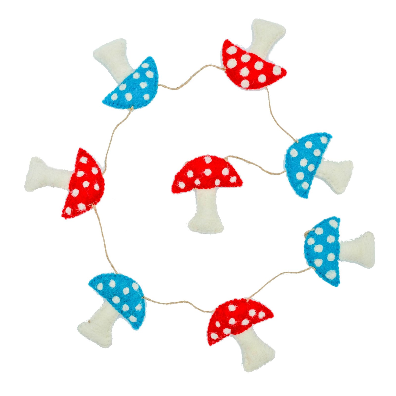 CLOSEOUT - Mushroom Handmade Felt Garland, Red/Turquoise