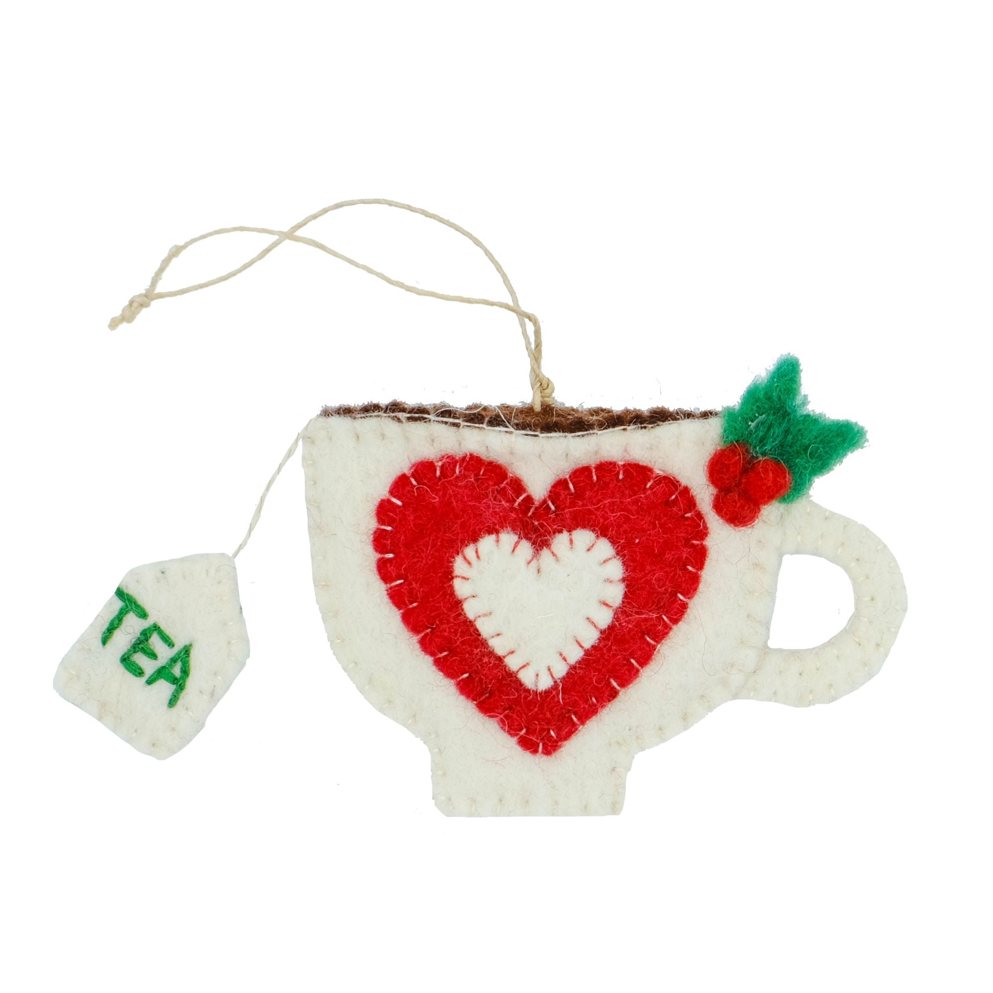 Tea Cup Felt Holiday Ornament, Christmas Red Heart