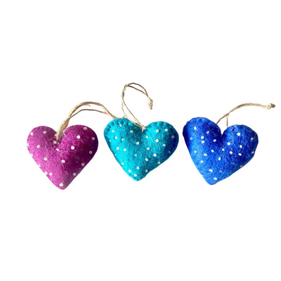 CLOSEOUT - Mini Heart Felt Ornaments, Set of 3 Blue and Purple