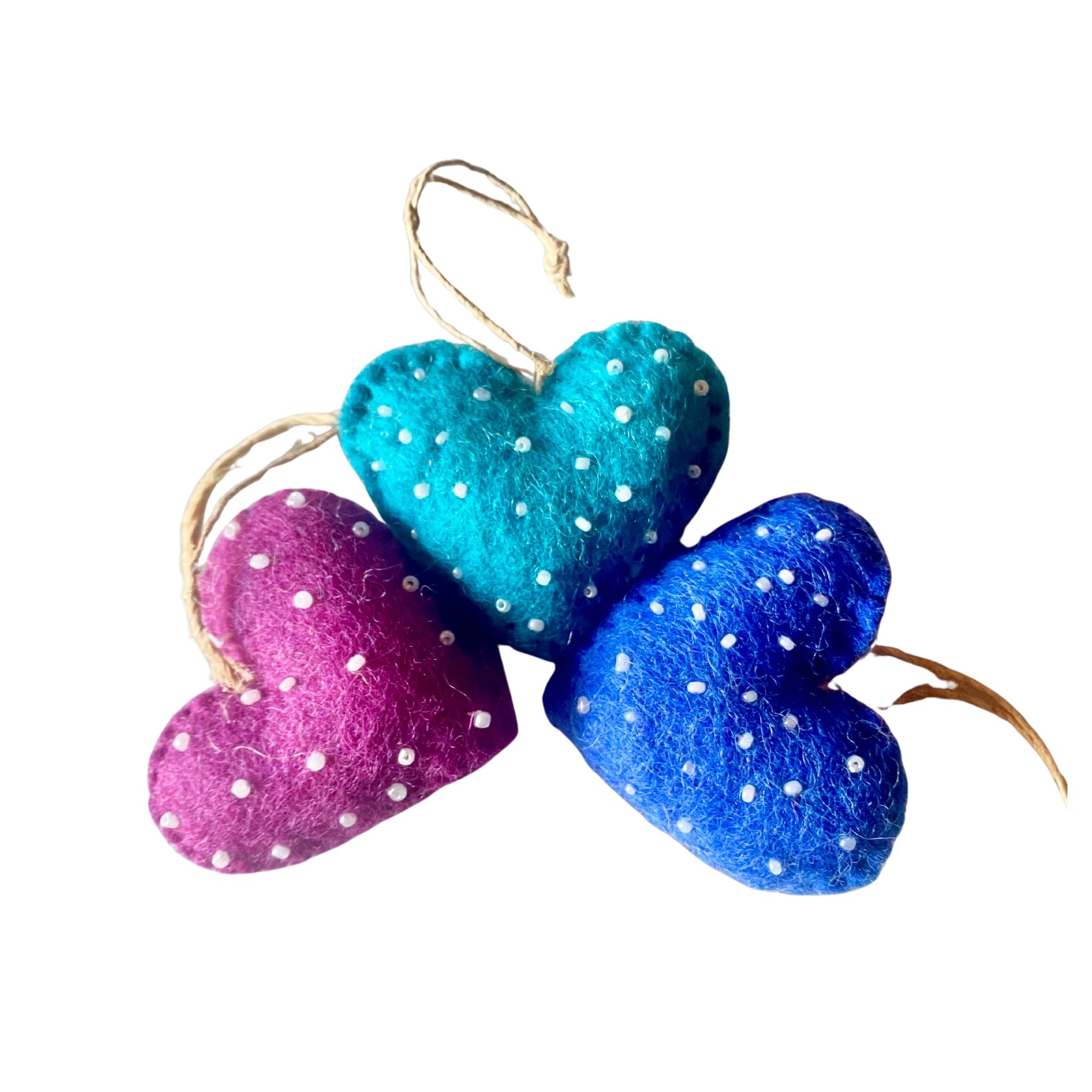 CLOSEOUT - Mini Heart Felt Ornaments, Set of 3 Blue and Purple