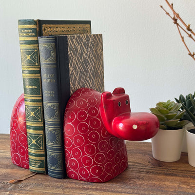 Bright Soapstone Hippo Bookends Red