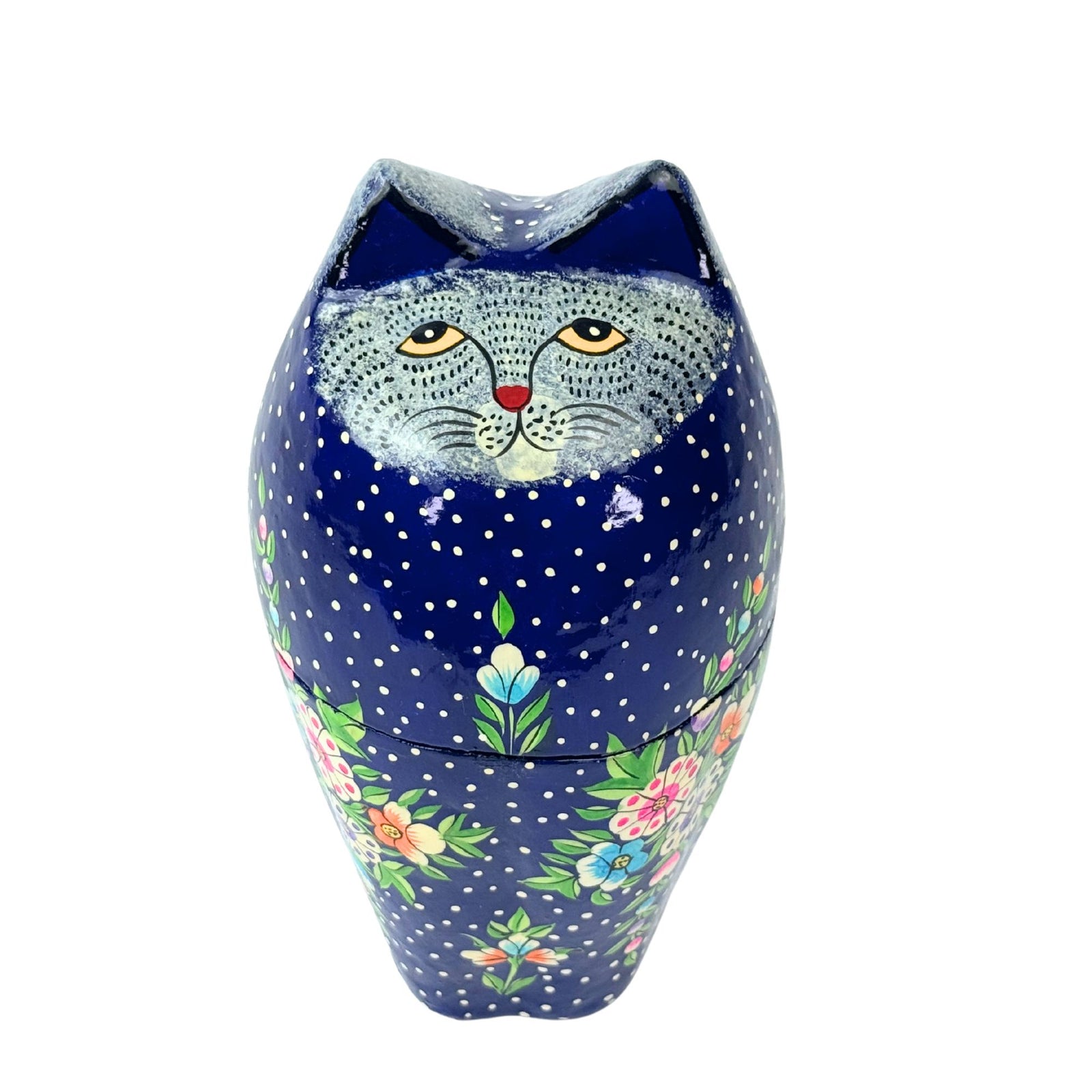 Handpainted Kashmiri Sitting Feline Cat Box, Dark Blue with Flowers