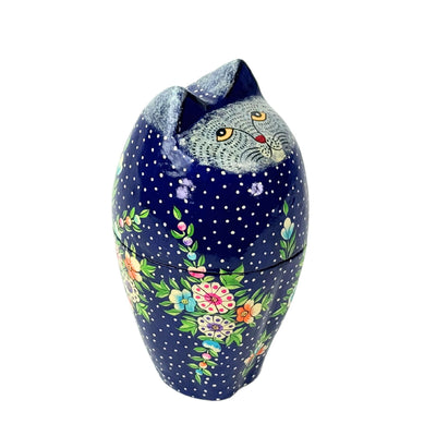 Handpainted Kashmiri Sitting Feline Cat Box, Dark Blue with Flowers