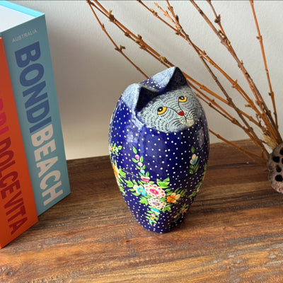 Handpainted Kashmiri Sitting Feline Cat Box, Dark Blue with Flowers
