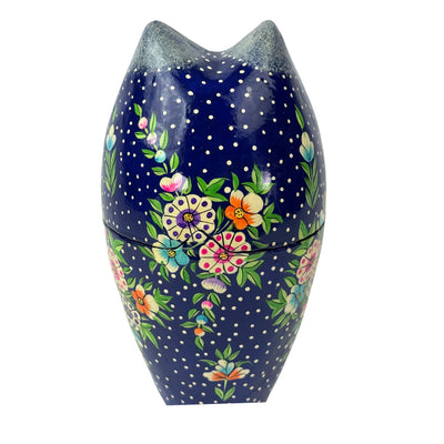 Handpainted Kashmiri Sitting Feline Cat Box, Dark Blue with Flowers