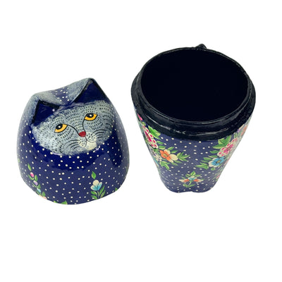 Handpainted Kashmiri Sitting Feline Cat Box, Dark Blue with Flowers