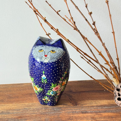 Handpainted Kashmiri Sitting Feline Cat Box, Dark Blue with Flowers