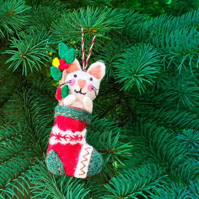 White Kitty in Stocking Felt Ornament