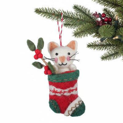 White Kitty in Stocking Felt Ornament