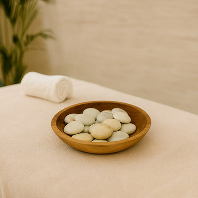 Display Set: 30 Polished Soapstone Massage Stones 2 inch Round + Display bowl