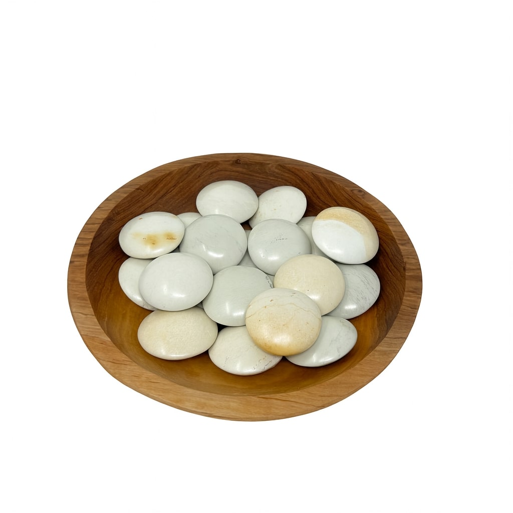 Display Set: 30 Polished Soapstone Massage Stones 2 inch Round + Display bowl