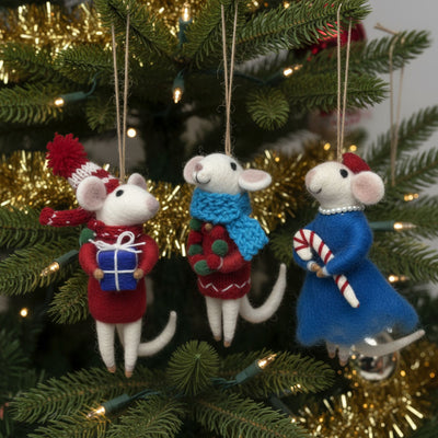 Handfelted Christmas Mice Collectible Figurines, Set of 3