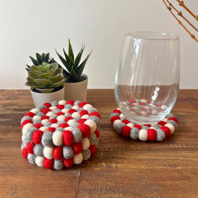 Celebration Red & Grey Felt Ball Coasters, Set of 4