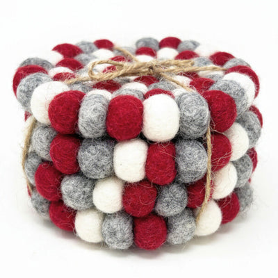 Celebration Red & Grey Felt Ball Coasters, Set of 4
