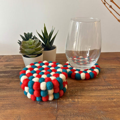 Kai Christmas Red & Blue Felt Ball Coasters, Set of 4