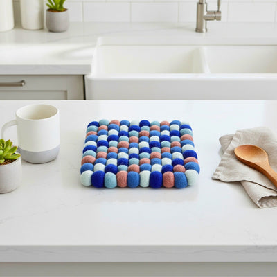 Felt Ball Square Trivet: Blue City