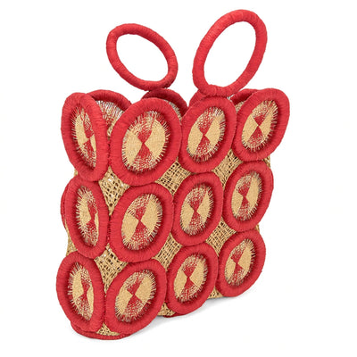 Uganda Raffia Square 12 inch Tote Basket, Raspberry Red