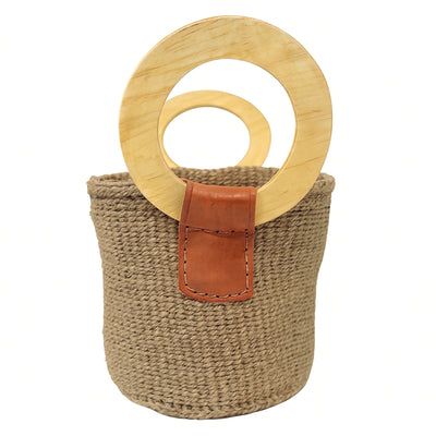 Natural Sisal Bag with Wood Handles, Brown