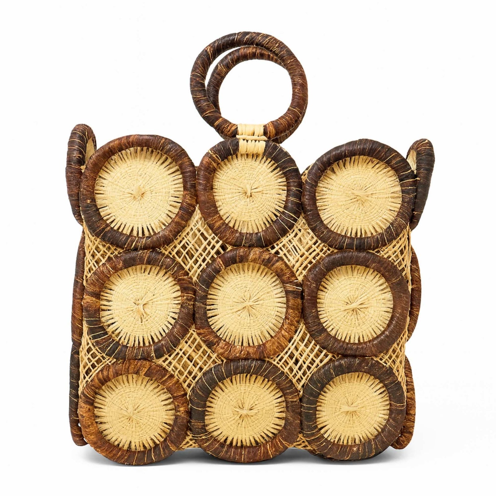 Uganda Raffia Square 12 inch Tote Basket, Two tone Natural
