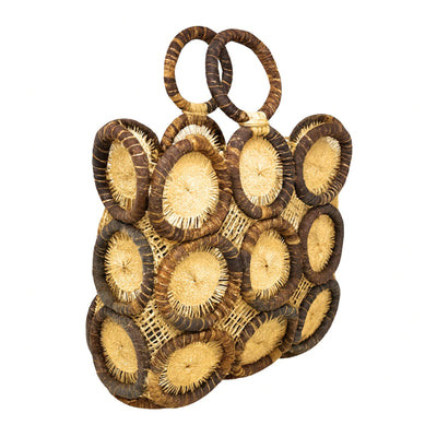 Uganda Raffia Square 12 inch Tote Basket, Two tone Natural