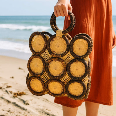 Uganda Raffia Square 12 inch Tote Basket, Two tone Natural