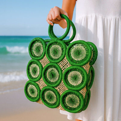 Uganda Raffia Square 12 inch Tote Basket, Green