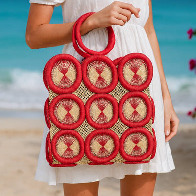 Uganda Raffia Square 12 inch Tote Basket, Raspberry Red