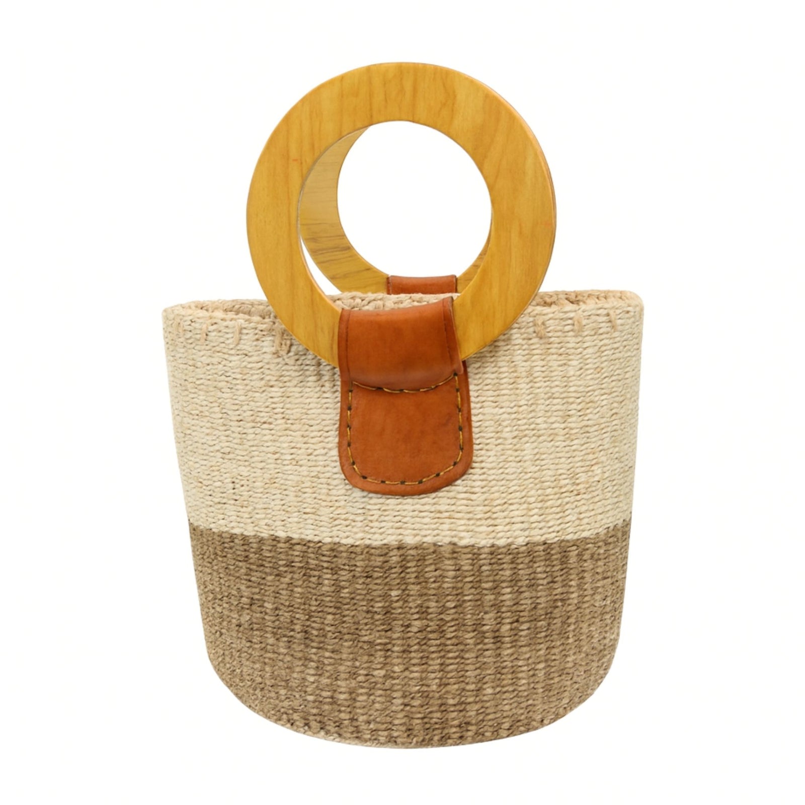 Natural Sisal Bag with Wood Handles, Two Tone Natural