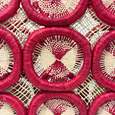 Uganda Raffia Square 12 inch Tote Basket, Raspberry Red