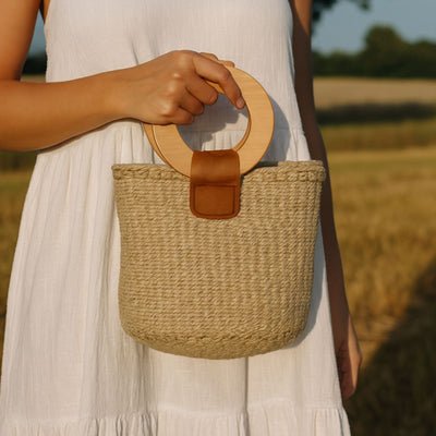 Natural Sisal Bag with Wood Handles, Natural
