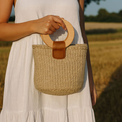 Natural Sisal Bag with Wood Handles, Brown
