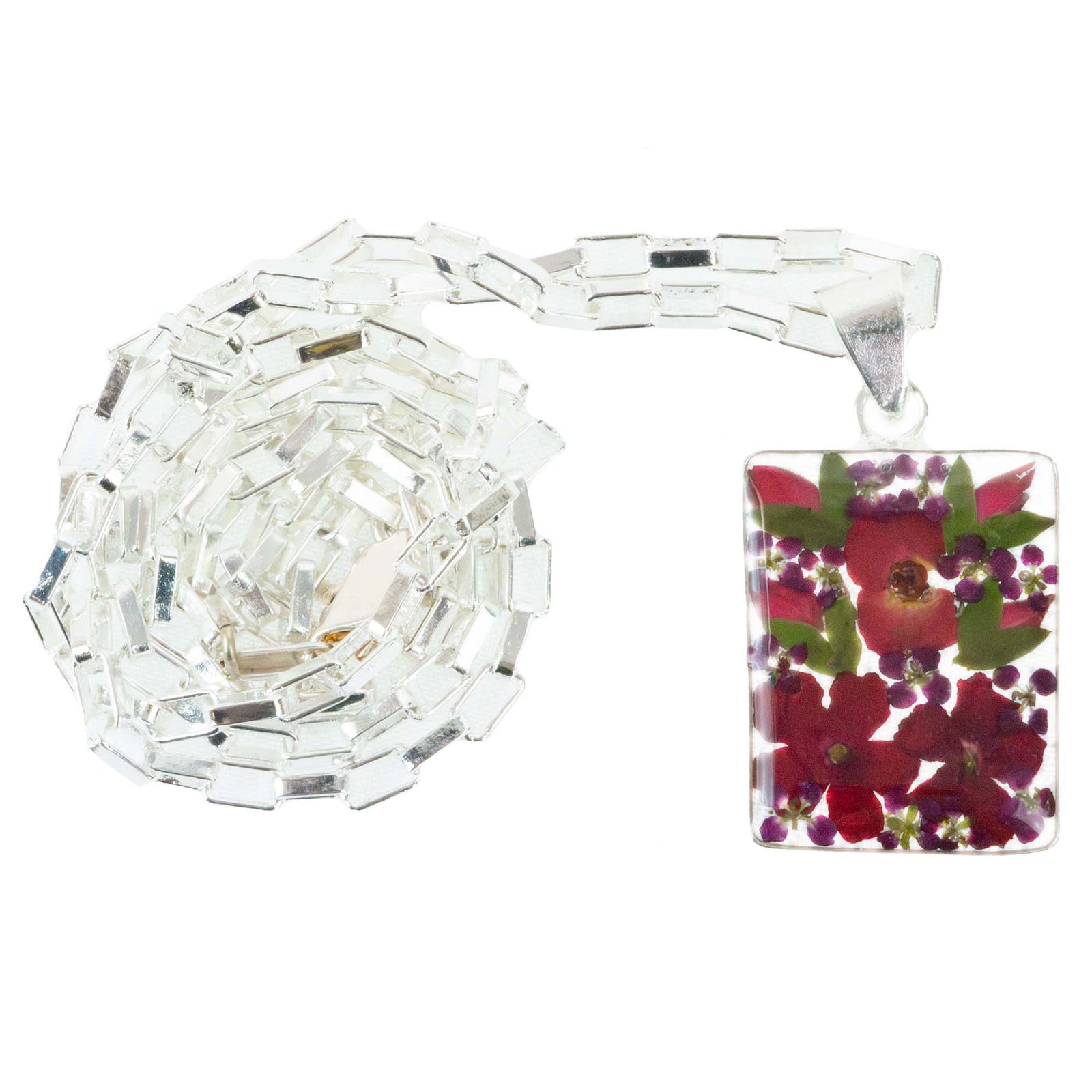 Alpaca Silver Rectangle Pink  Pressed Flower Pendant Necklace