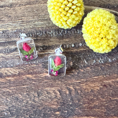 Pink Pressed Flower Rectangle Stud Earrings