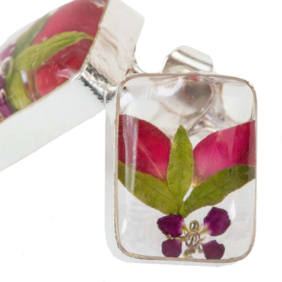 Pink Pressed Flower Rectangle Stud Earrings