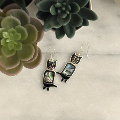 Alpaca Silver Abalone Kitty Cat Earrings