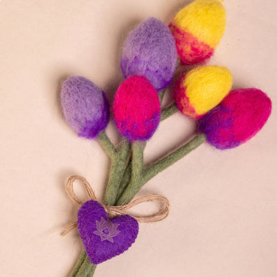 Handmade Tulip Felt Bouquet with Heart Charm - Garden Mix