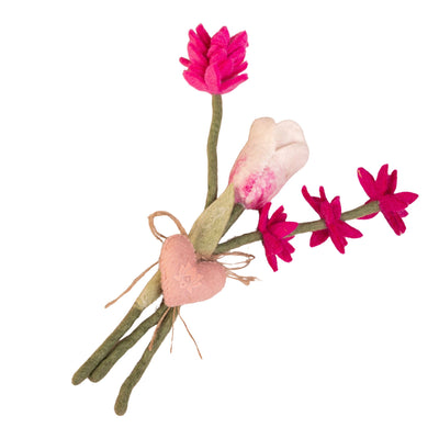 Handmade Mixed Felt Bouquet with Tulip Stem & Heart Charm – White with Pink Accent