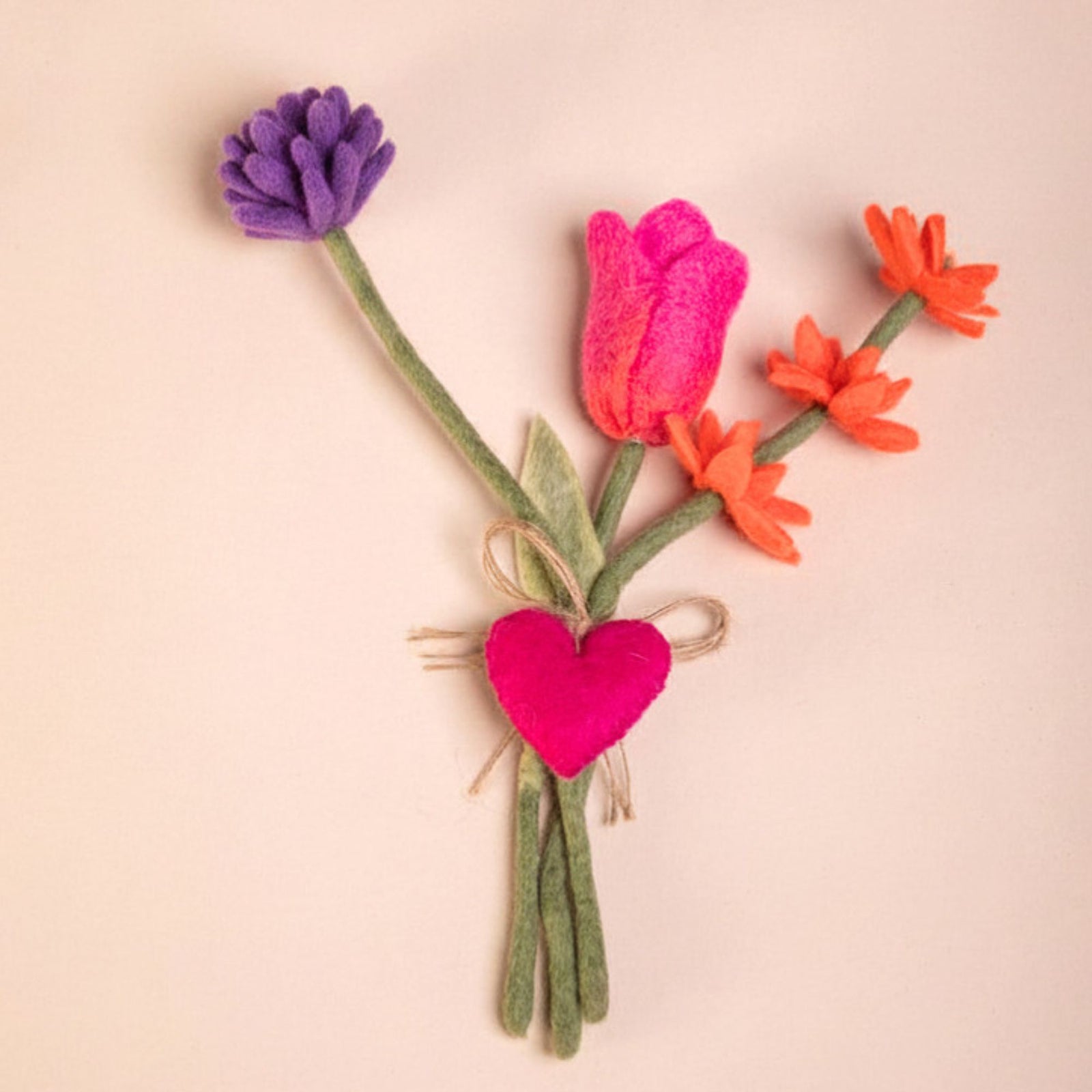 Handmade Mixed Felt Bouquet with Tulip Stem & Heart Charm – Pink