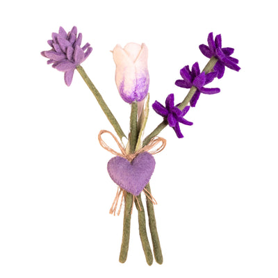 Handmade Mixed Felt Bouquet with Tulip Stem & Heart Charm – White with Lavender Accent