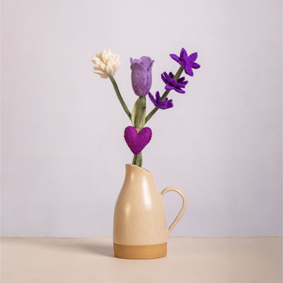 Handmade Mixed Felt Bouquet with Tulip Stem & Heart Charm – Lavender