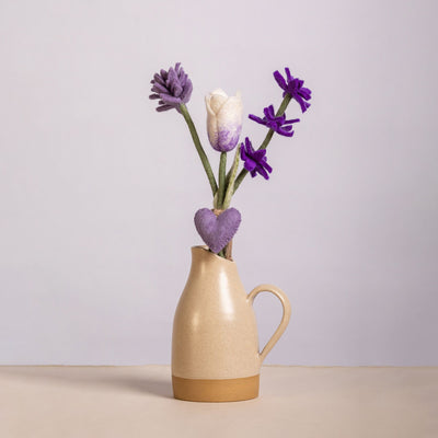 Handmade Mixed Felt Bouquet with Tulip Stem & Heart Charm – White with Lavender Accent