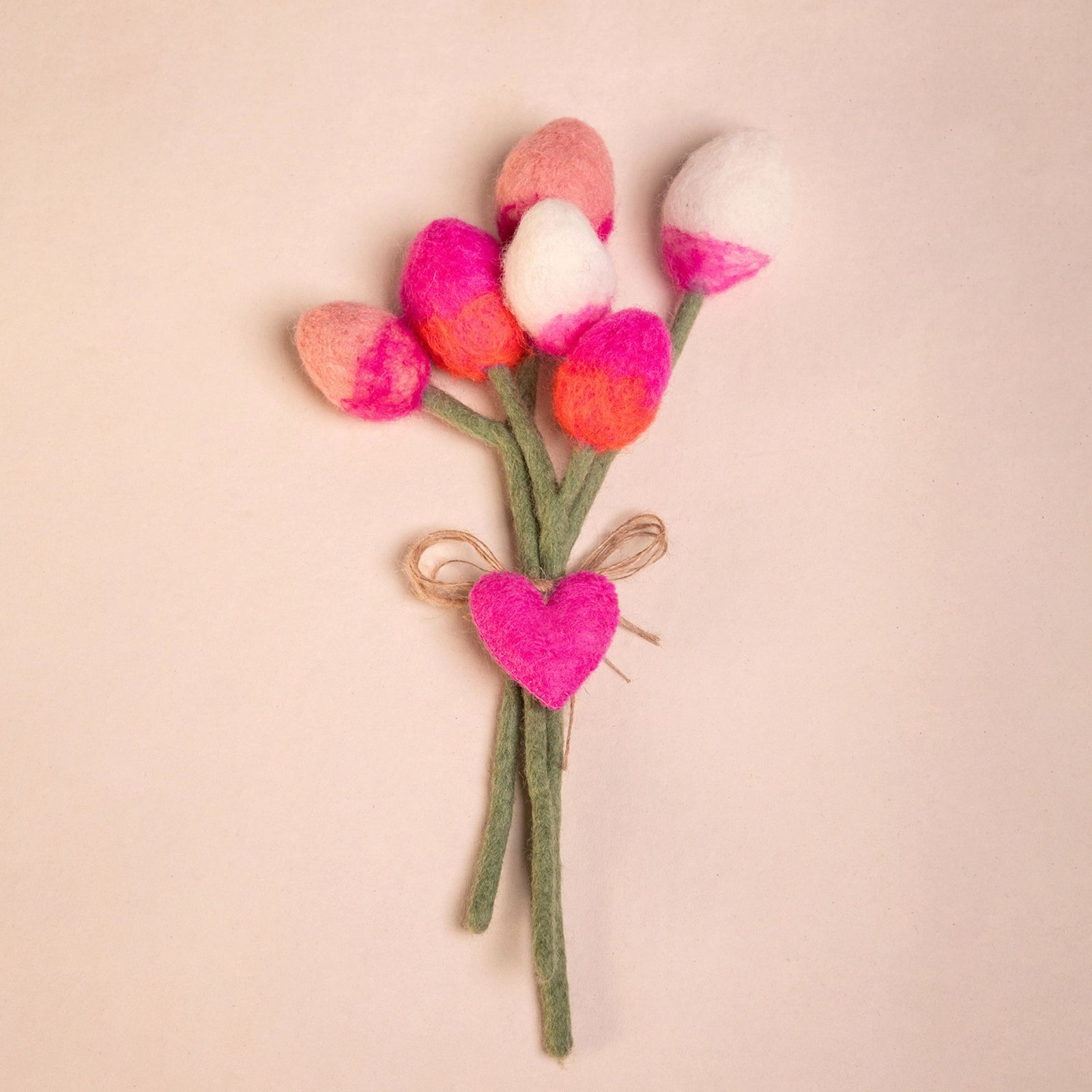 ***PACK OF 5*** Handmade Tulip Felt Bouquet with Heart Charm -  Pink