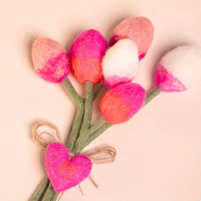 ***PACK OF 5*** Handmade Tulip Felt Bouquet with Heart Charm -  Pink