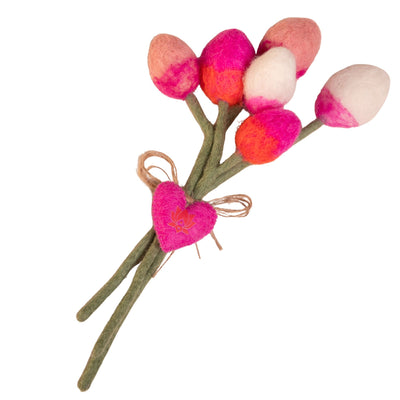 ***PACK OF 5*** Handmade Tulip Felt Bouquet with Heart Charm -  Pink